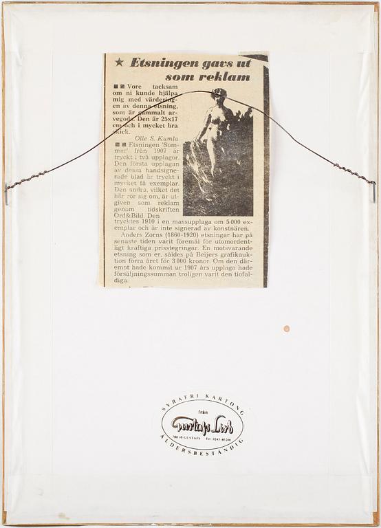 ANDERS ZORN, efter, etsning. Tryckt för årsboken "Ord och Bild" 1910.