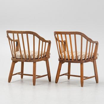 A pair of 'Hytte' pinewood armchairs, Nordiska Kompaniet, Sweden, 1940's.