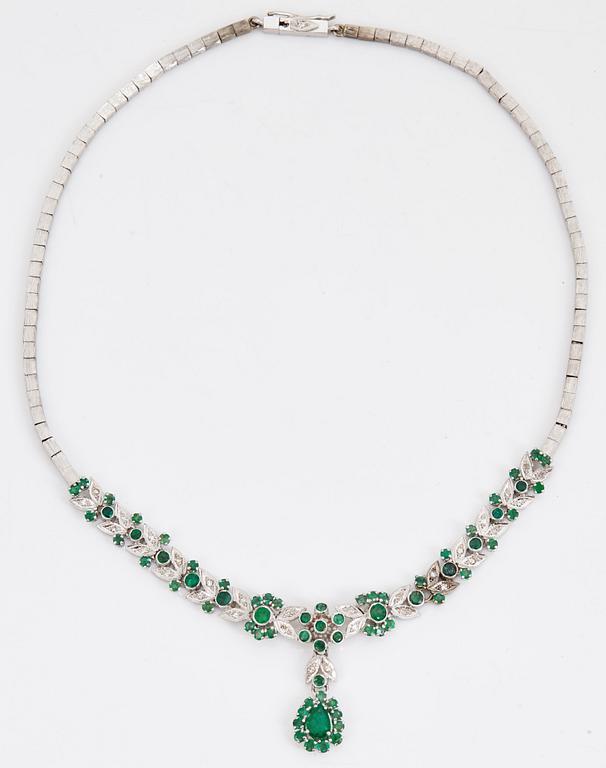 A pear- round- mixed cut emerald and eight cut diamond necklace. 1970's.