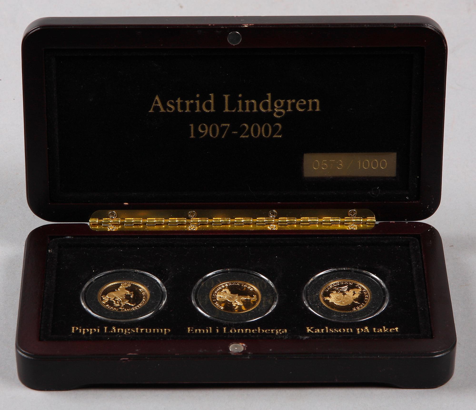 GULDMYNT, 3 st, Astrid Lindgren. Nr 573/1000. Tot vikt 25,8 gram.