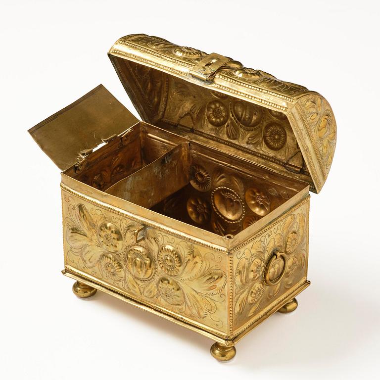 A Swedish baroque repousse brass box, dated 1707.