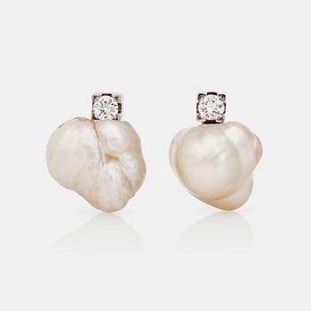 A pair of baroque natural saltwater pearl earrings with diamonds. Certificate from GCS.