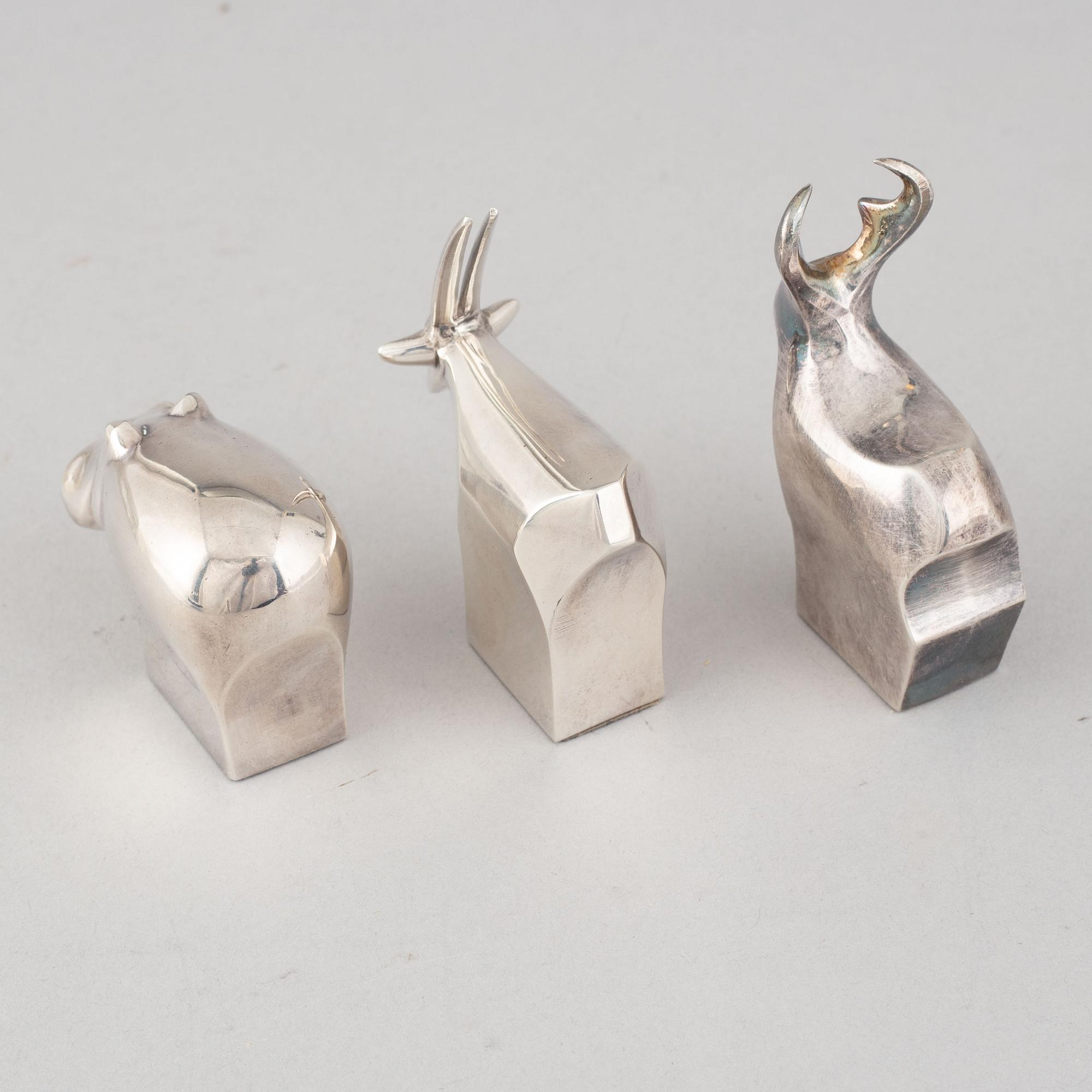 Gunnar Cyrén and others, three silver plated zinc figurines, Dansk Designs, Japan.