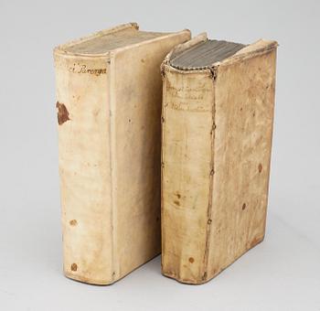BÖCKER, 2 st, bla "Promptuarium Connubiale hoc est Thematum...", av Felix Bidembach, Tübingen 1605.