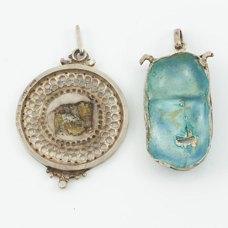 Lars Arrhenius, three pendants and a pair of earrings, sterling silver and enamel, Gothenburg, among others, 1969 and 1972.