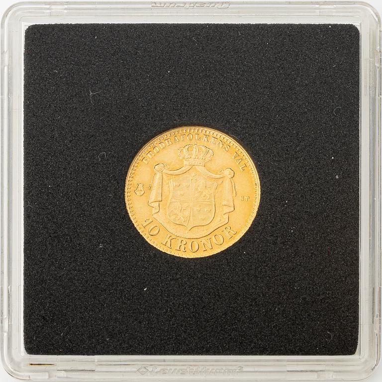 Gold coin, Oscar II, 10 kronor, type I, Sweden 1874.