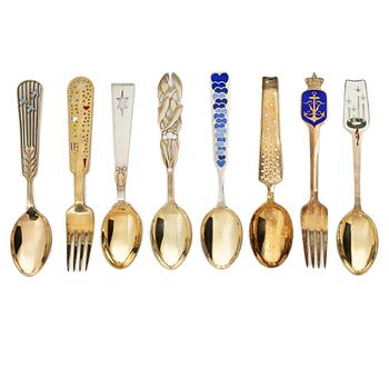 Anton Michelsen, Annual/Christmas cutlery, 8 pieces, gilt sterling silver and enamel, Denmark, 1930s–40s.