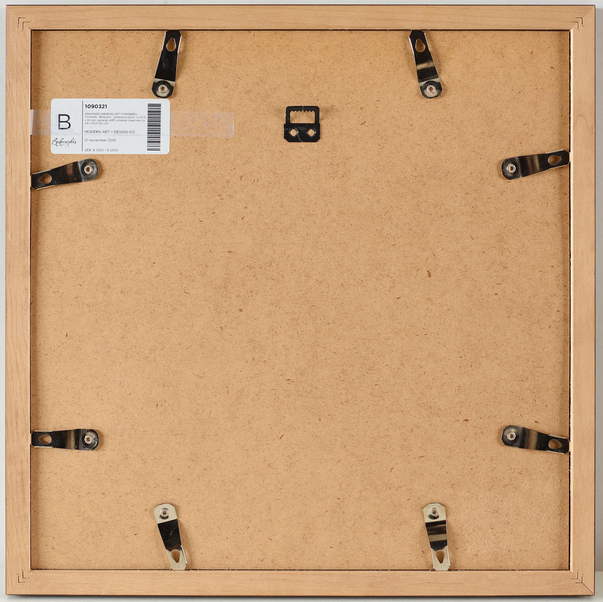 Ann-Mari Lindbom, gift Forsberg, A TEXTILE, "Bilöpare", a tapestry variant, ca 27,5 x 30 cm, signed AMF, framed (with the frame ca 44 x 43,5 cm).