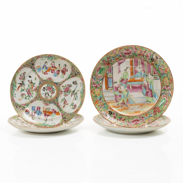 A matched set of 14 famille rose 'Canton' dinner plates, Qing dynasty, 19th century.