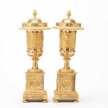 A pair of Louis XVI late 18th century gilt bronze perfume-burners.