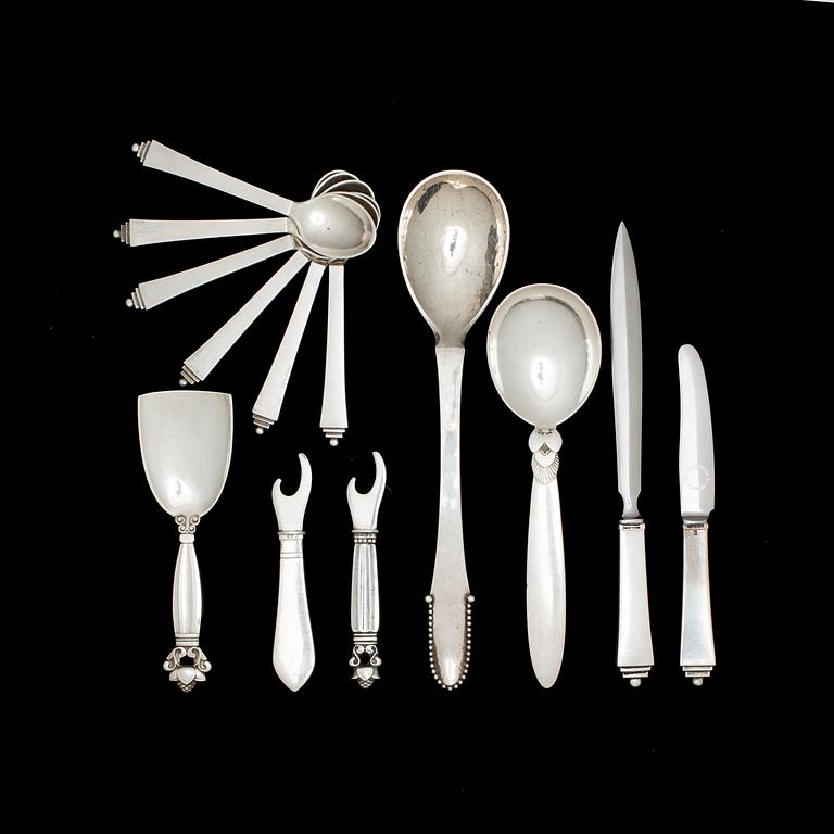 PARTI GEORG JENSEN, 13 delar. Silver, Danmark. Tot ca 240g.