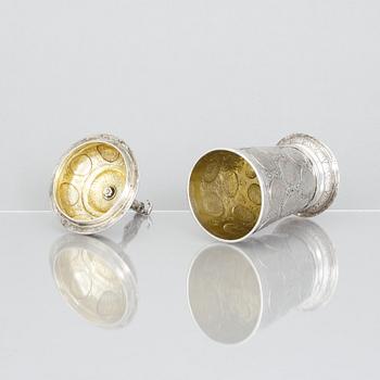 An 19th century parcel-gilt silver cup with lid, unidentified makers mark, probably Nürnberg.