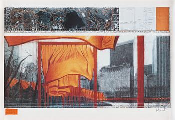 Christo & Jeanne-Claude, "The Gates, Central Park, New York". Signed Christo. Offset colour print with fabric applicatio...