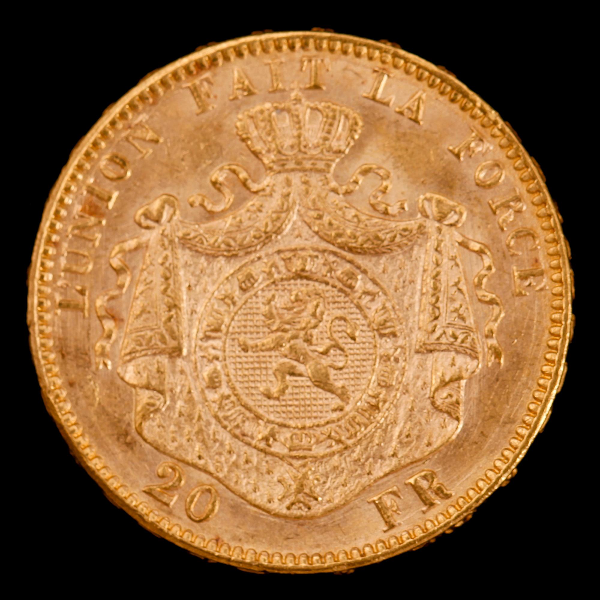 GULDMYNT, 20 fr, Leopold II, Belgien, 1874. Vikt ca 6 g.