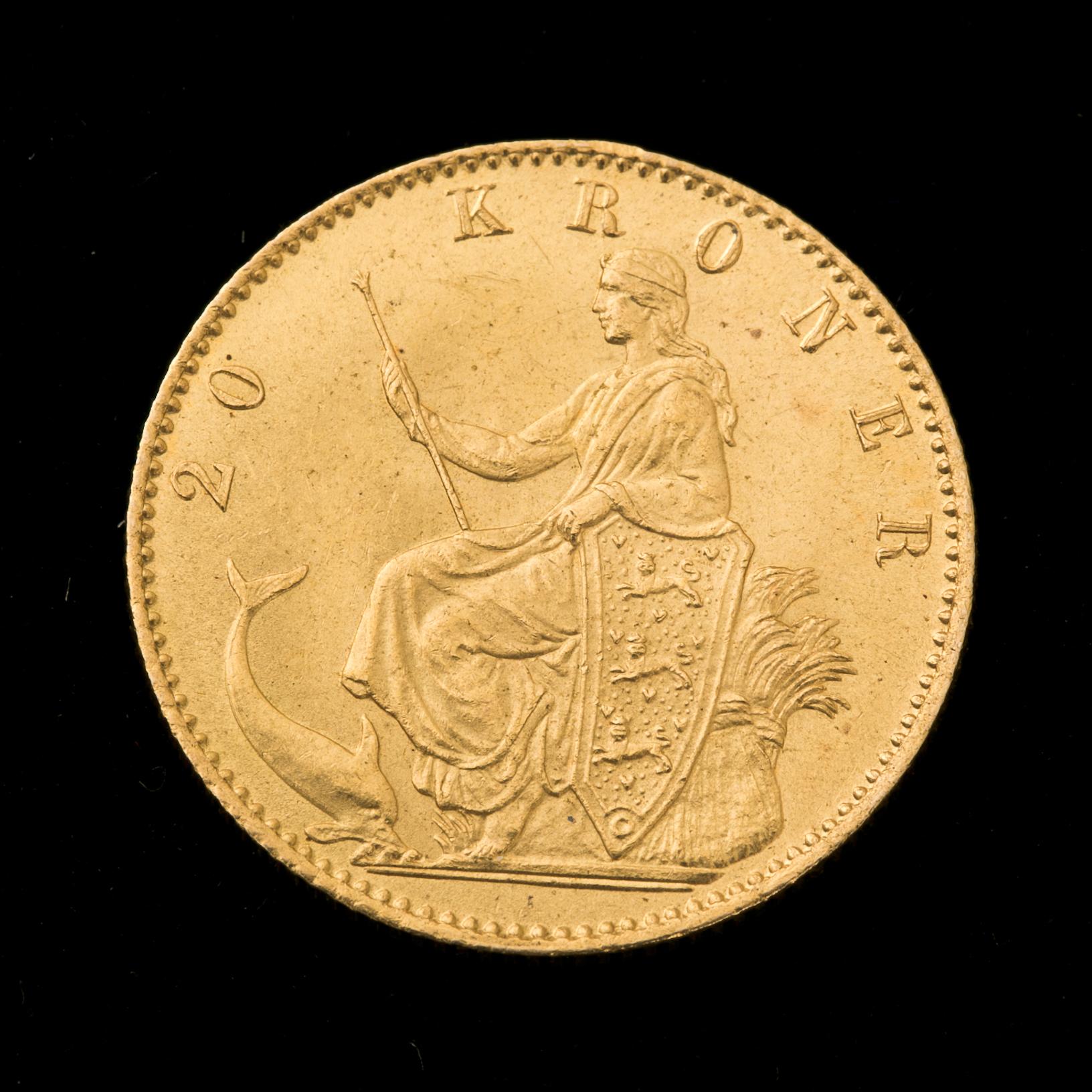 GULDMYNT, 20 kroner, Christian IX, Danmark, 1873. Vikt ca 9 gram.