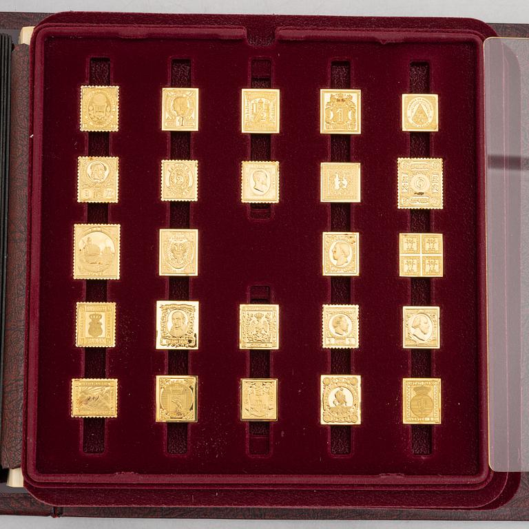 Franklin Mint, frimärksavbildningar, 73 st, förgyllt silver, "The world's first stamps", 1979.