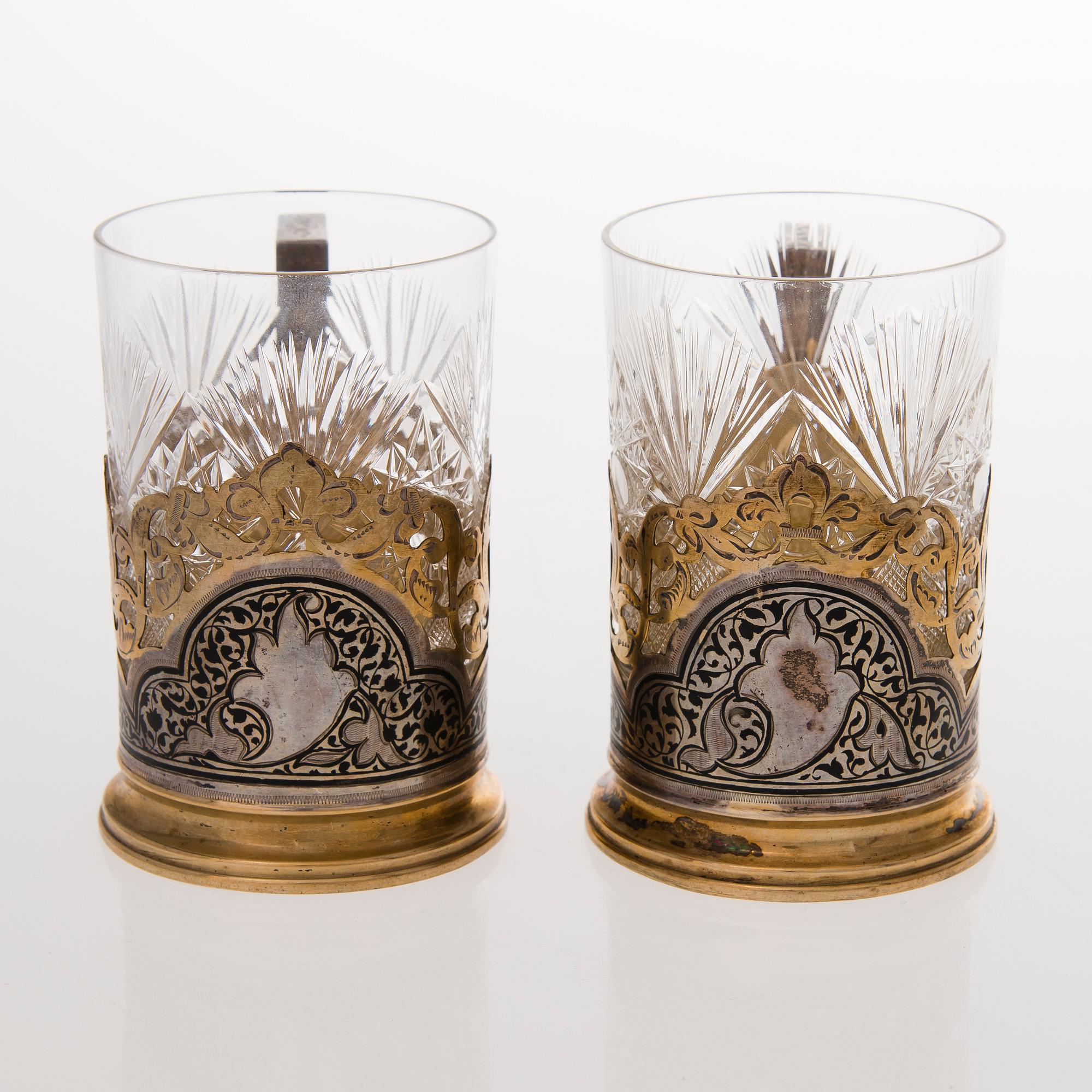 Six Russian tea glass holders, silver, metal and enamel, latter half of the 20th century.