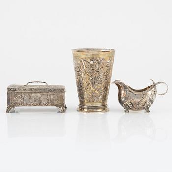 A Silver Box, Creamer and Beaker, including mark of GAB, Stockholm 1935.