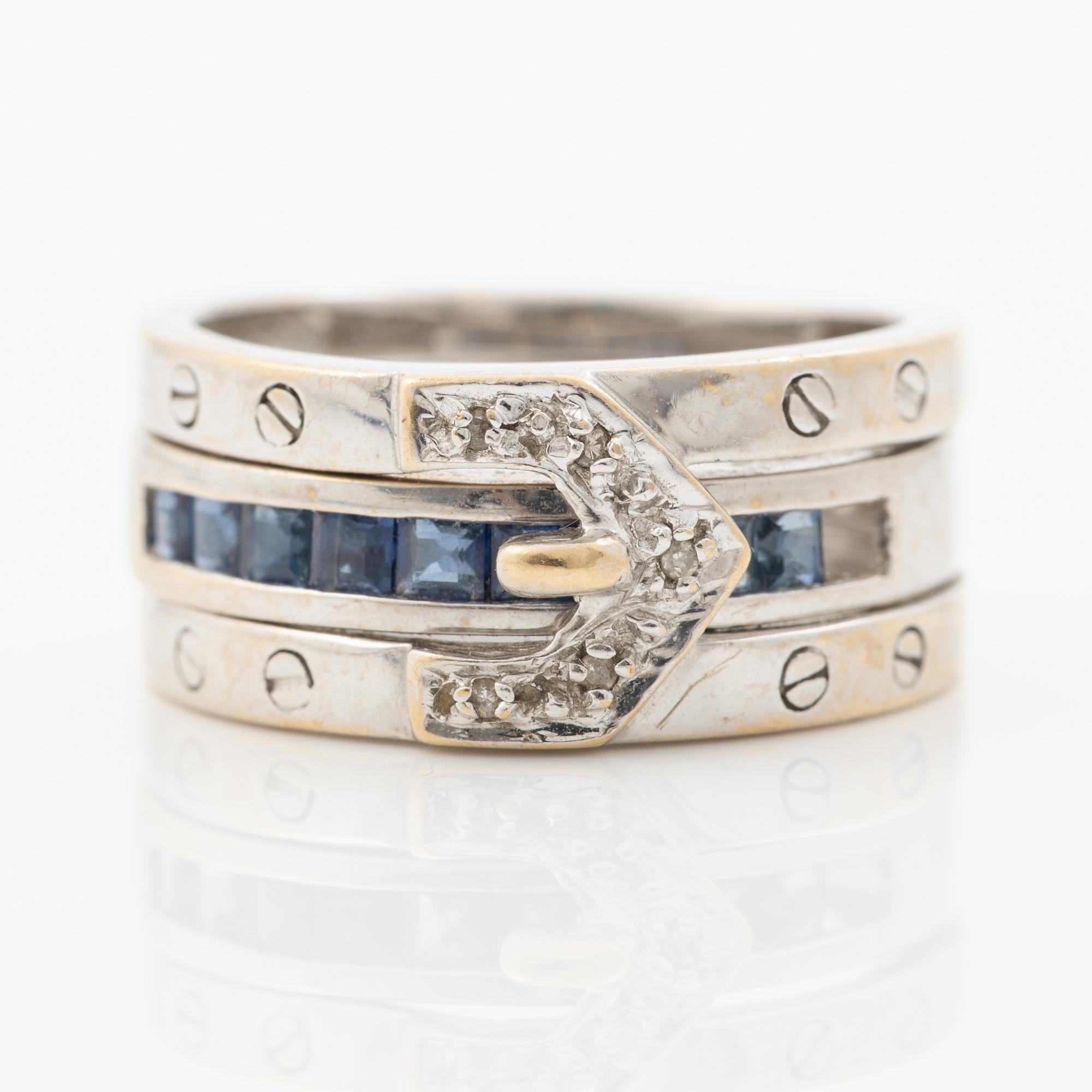 Ring, two-part, 14K white gold with sapphires and small diamonds.