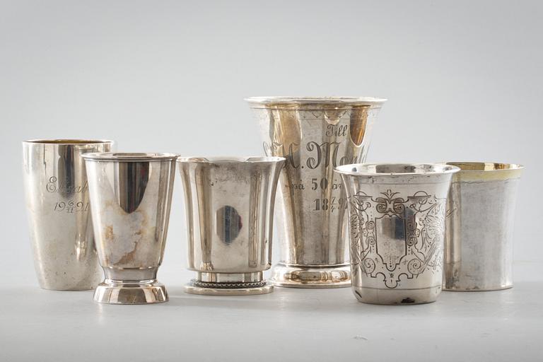 BÄGARE, 6 st, silver, 1800 och 1900-tal, vikt ca 460g.