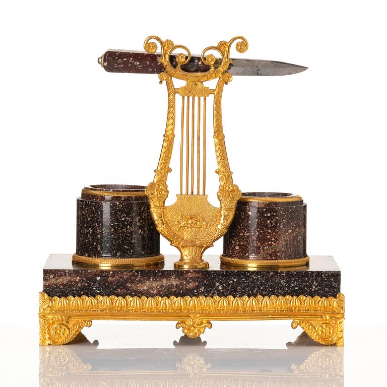 A Swedish porphyry and bronz ink stand, 19th century.