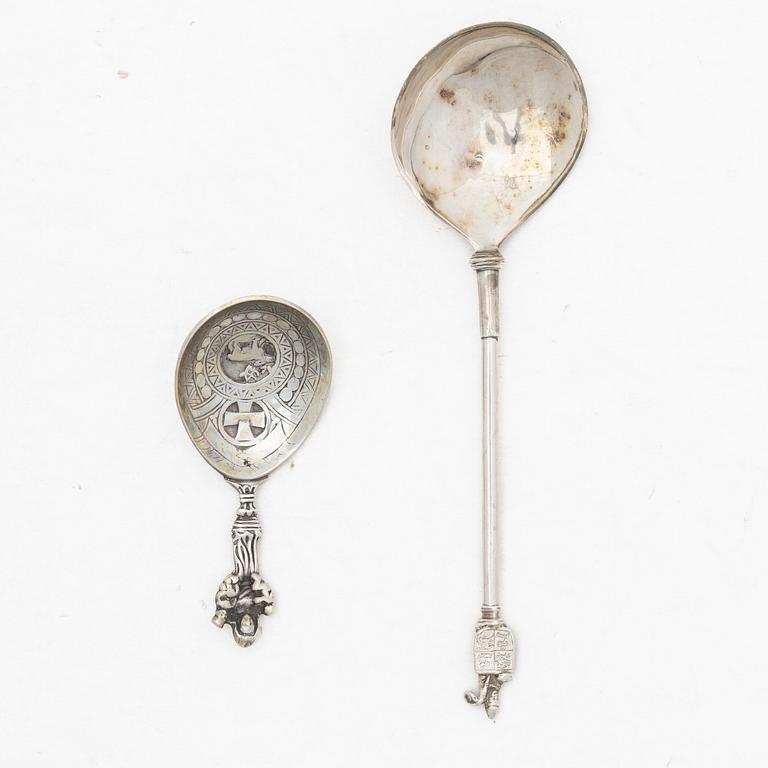 Two unmarked silver spoons, Historicism.