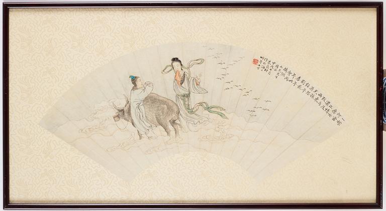 Two fan paintings by unknown artist, late Qing dynasty, circa 1900.