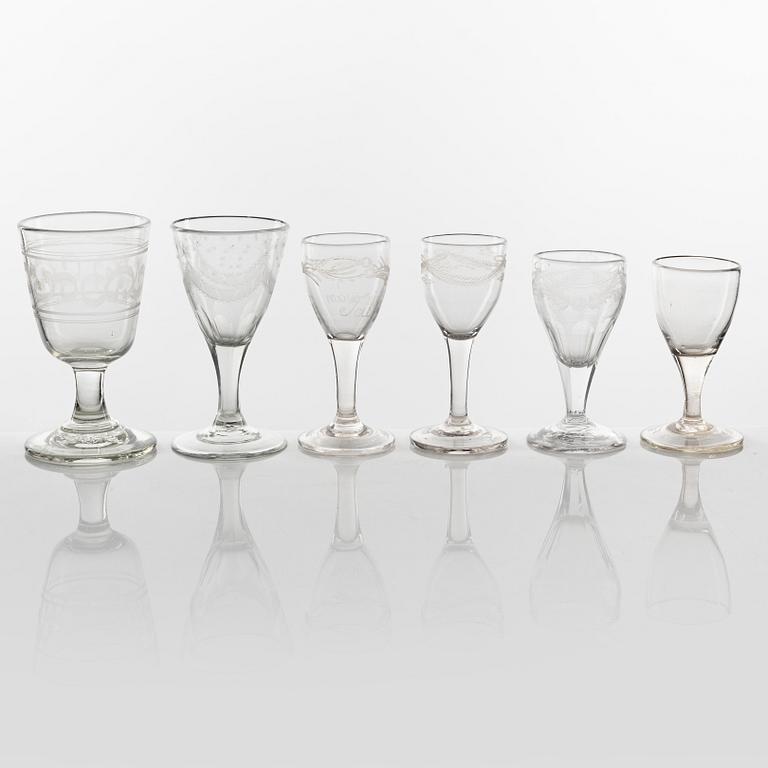 A set of six glasses, 18th and 19th Century.