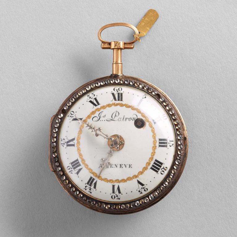 J S Patron, fickur, guld, stenar och emalj, Geneve omkr 1800.
