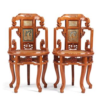 A pair of hardwood chairs,  Qing dynasty, 19th Century. Seal mark to reverse of back.