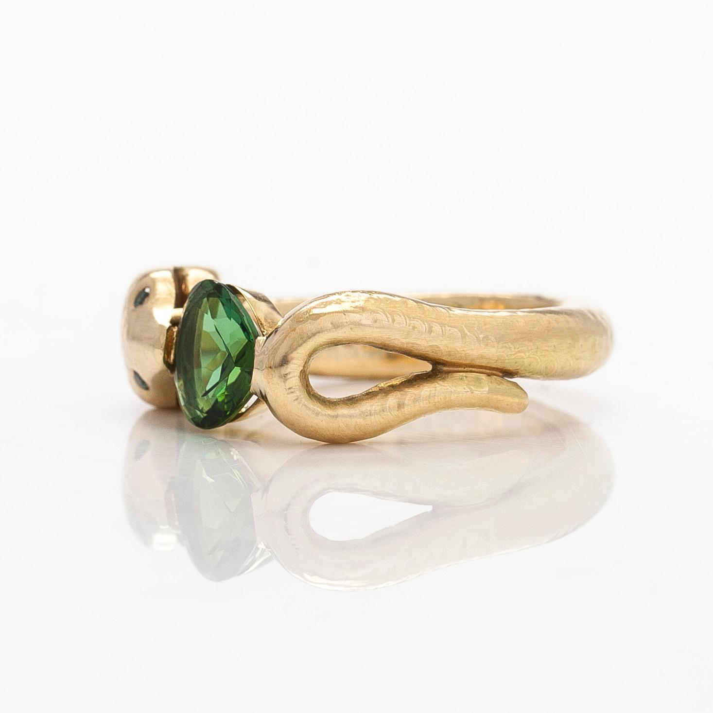 Torbjörn Tillander, an 18K gold serpent ring with heart-shaped green tourmaline and green diamonds, Helsinki 2011.