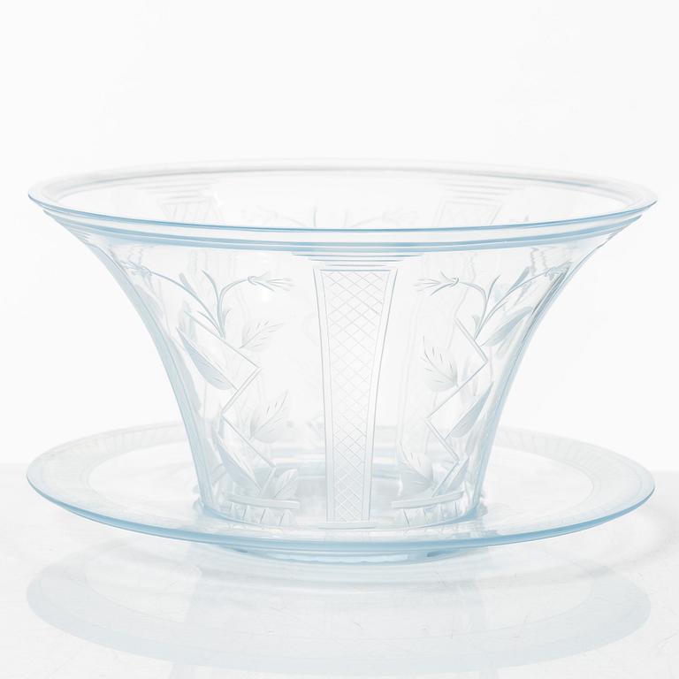 Edward Hald, skål på fat, glas, Orrefors 1930.