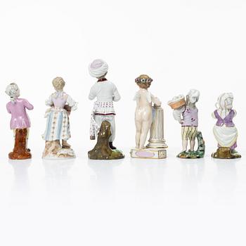 Six porcelain figurines, including Meissen and Höscht, Germany, 19th-20th century.