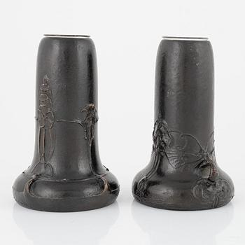 Elsa Kock and Hugo Elmqvist, two similar bronze vases, Stockholm, Sweden, Jugend, early 20th century.