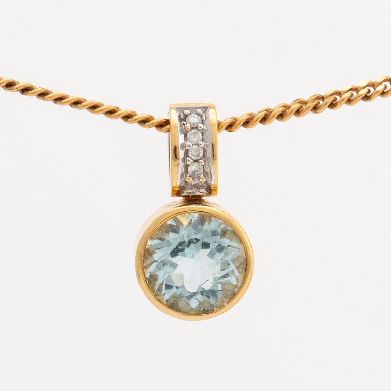 2 rings and 1 pendant 18K gold, brilliant-cut diamonds and 1 aquamarine ca 7 mm, chain metal.
