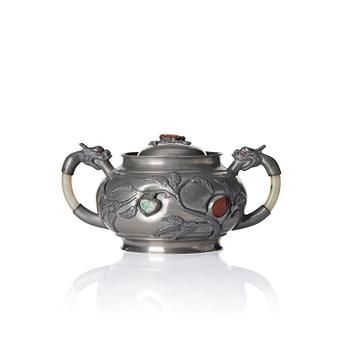 A five piece stone inlayed pewter tea service, China, early 20th century.