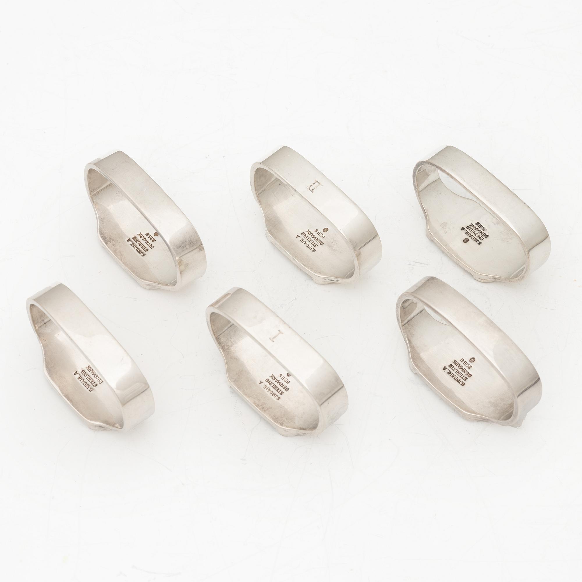 Erik Sjødahl Andersen, servettringar, 6 st, sterlingsilver, Danmark, 1900-talets senare del.