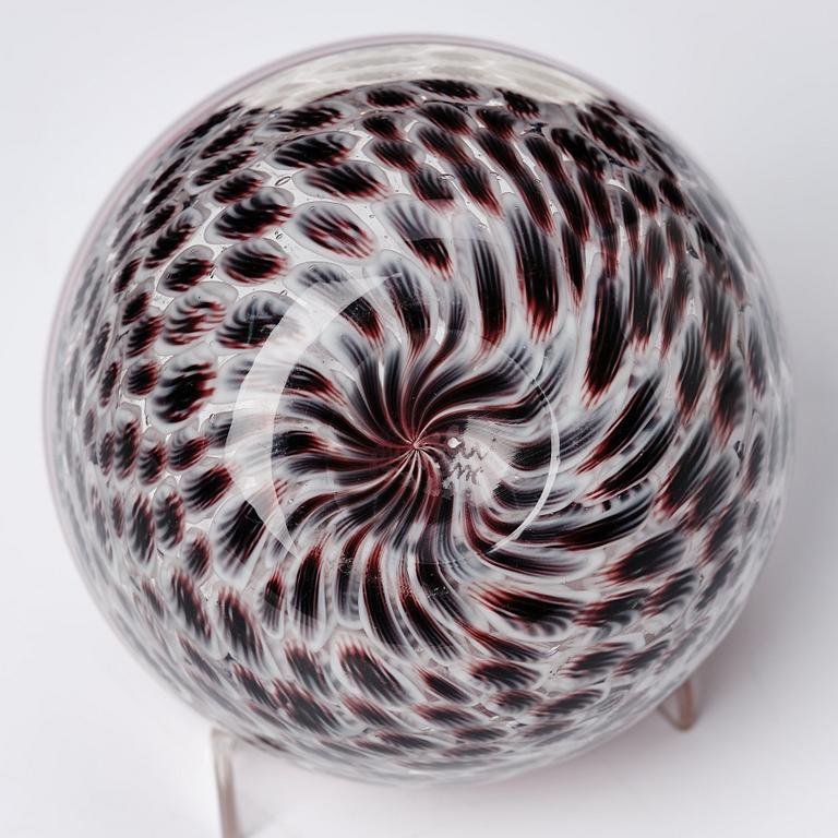 Riccardo Licata, a red glass "lattimo and black wheel murrine" bowl, model 3613, Venini, Murano, Italy, probably 1950's.