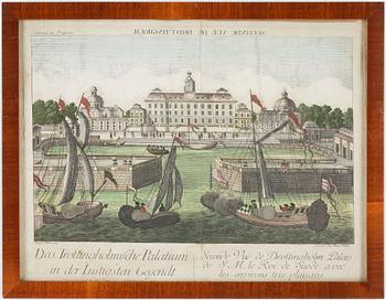 TITTSKÅPSBILDER, 2 st, kopparstick, handkolorerade, 1700-tal.