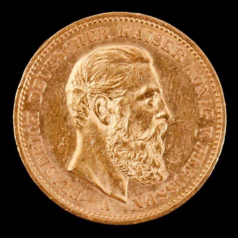 GULDMYNT, 20 mark, Friedrich Kaiser von Preussen, 1888. Vikt ca 8 g.