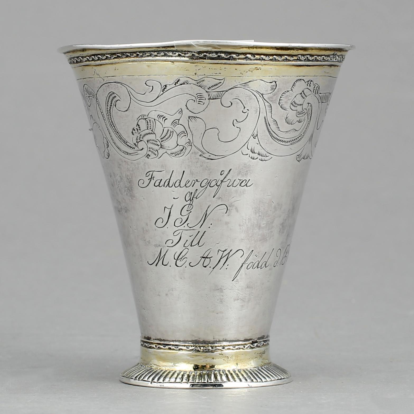 BÄGARE, silver, Elias Noreus, Östhammar, 1761. Vikt 64 g.