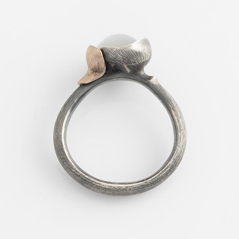 Ole Lynggaard, ring, "Lotus", silver and gilded with moonstone.