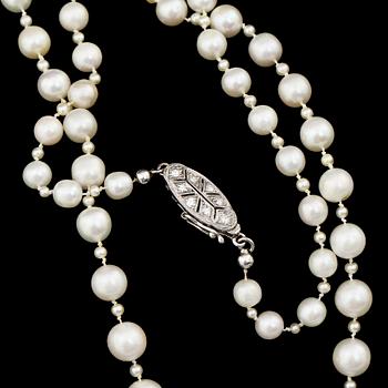 COLLIER, flodpärlor med lås i 18k vitguld och 8 små åttkantslipade diamanter.