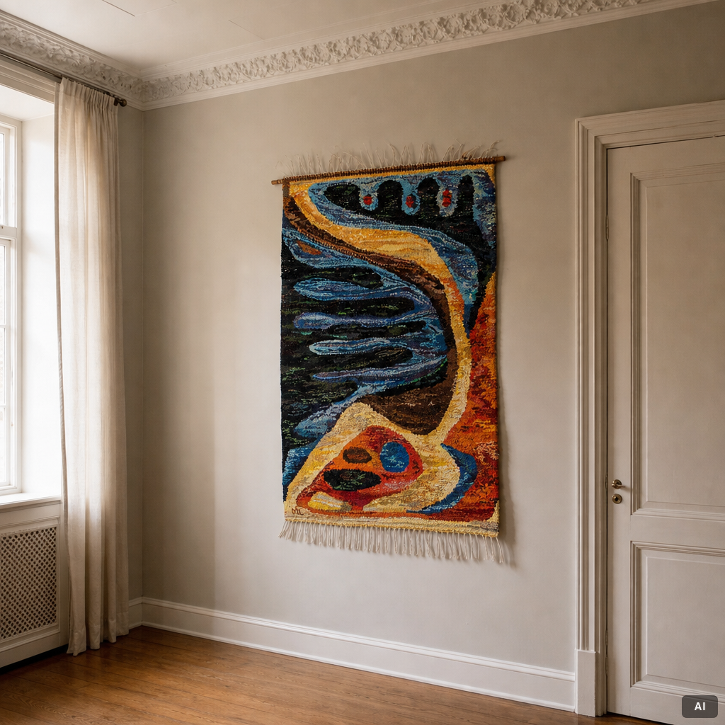 Maj Larsson, a wall hanging, rag rug, signed ML, c. 135 x 90 cm.