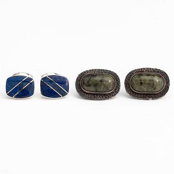 Two pairs of silver cufflinks, one pair with lapis lazuli and one pair with jade.