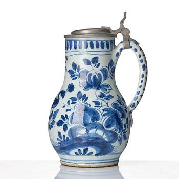 A blue and white Dutch faiance tankard with pewter mountings, Delft, 18th century.