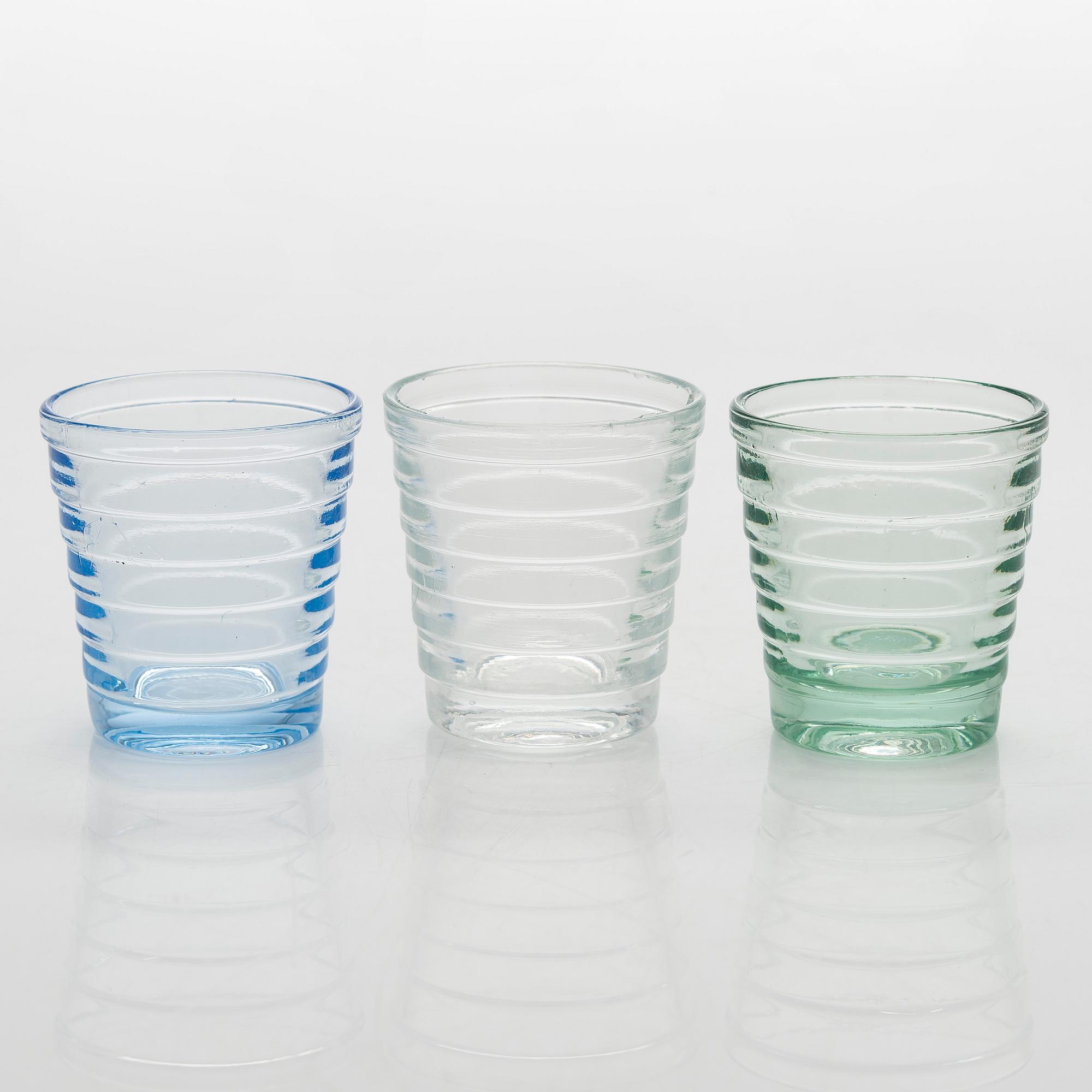 Aino Aalto, A set of 9 1930's-1940's drinking glasses, "Bölgeblick" for Karhula Glassworks, Finland.