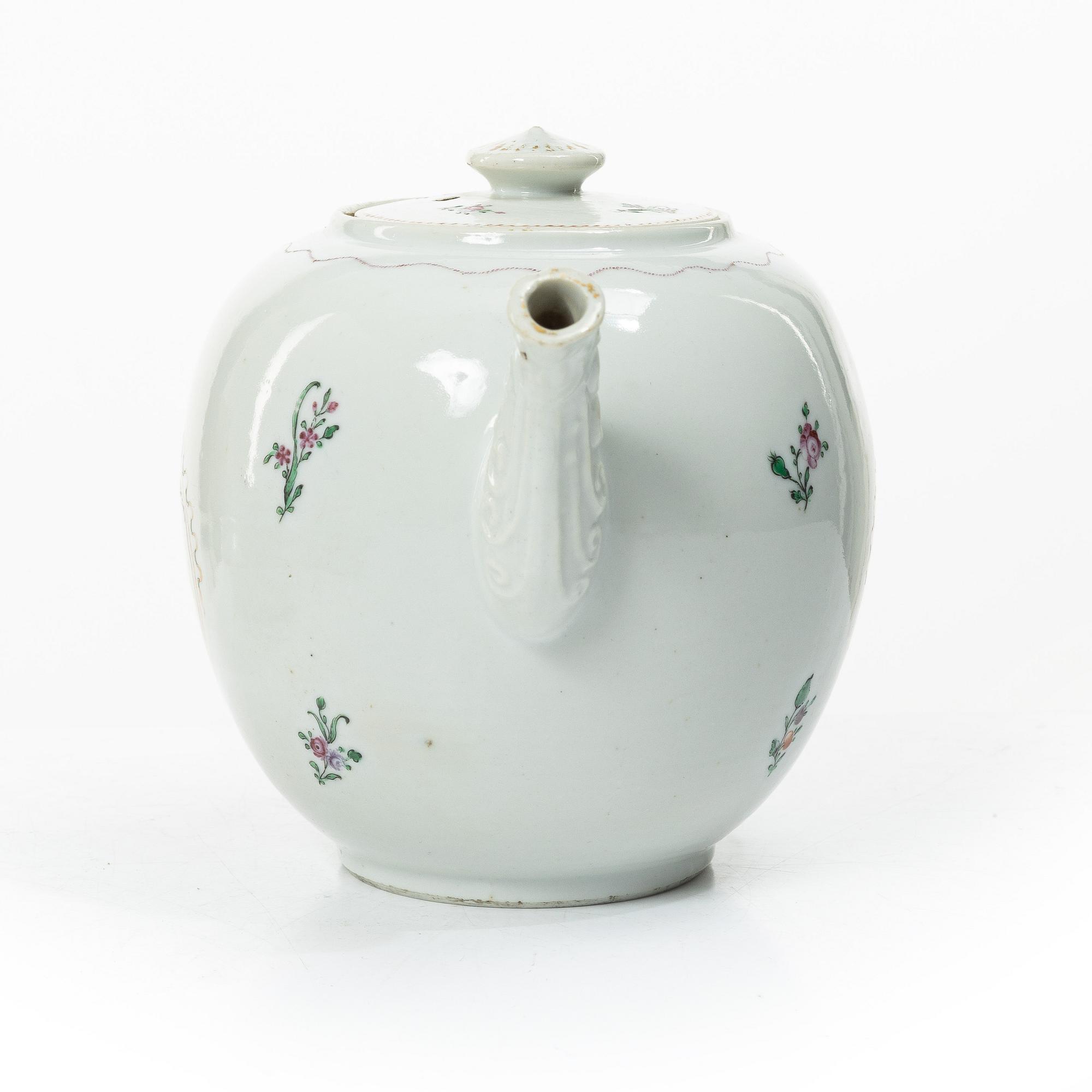 Cups and saucers, 11+7, and a teapot in famille rose with monogram, company porcelain, China, 18th century.