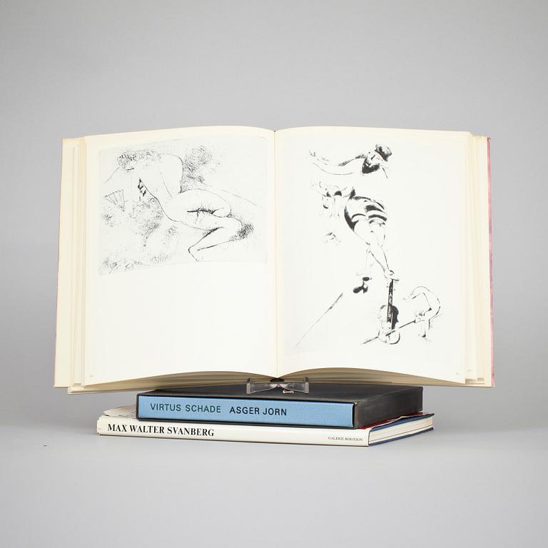 PARTI KONSTLITTERATUR, 3 volymer. "Marc Chagall. Das Grapische Werk" 1957 Stuttgart. "Asger Jorn" Virtus Schade.