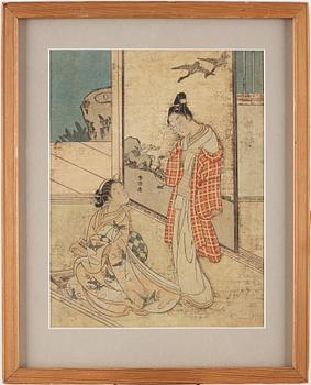 SUZUKI HARUNOBU (1724/25-70), efter, färgträsnitt. Japan, 1800-tal.